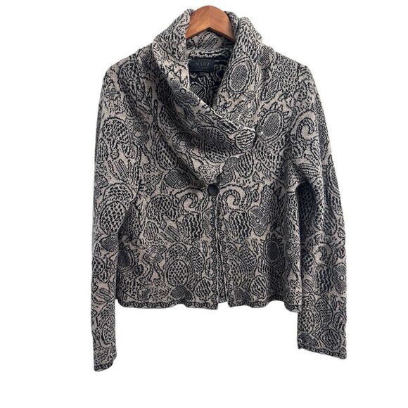 Mary Made in Italy Elegant‎ Paisley Zip-Up Jacket Cowl Neck Textured Knit - Picture 1 of 7